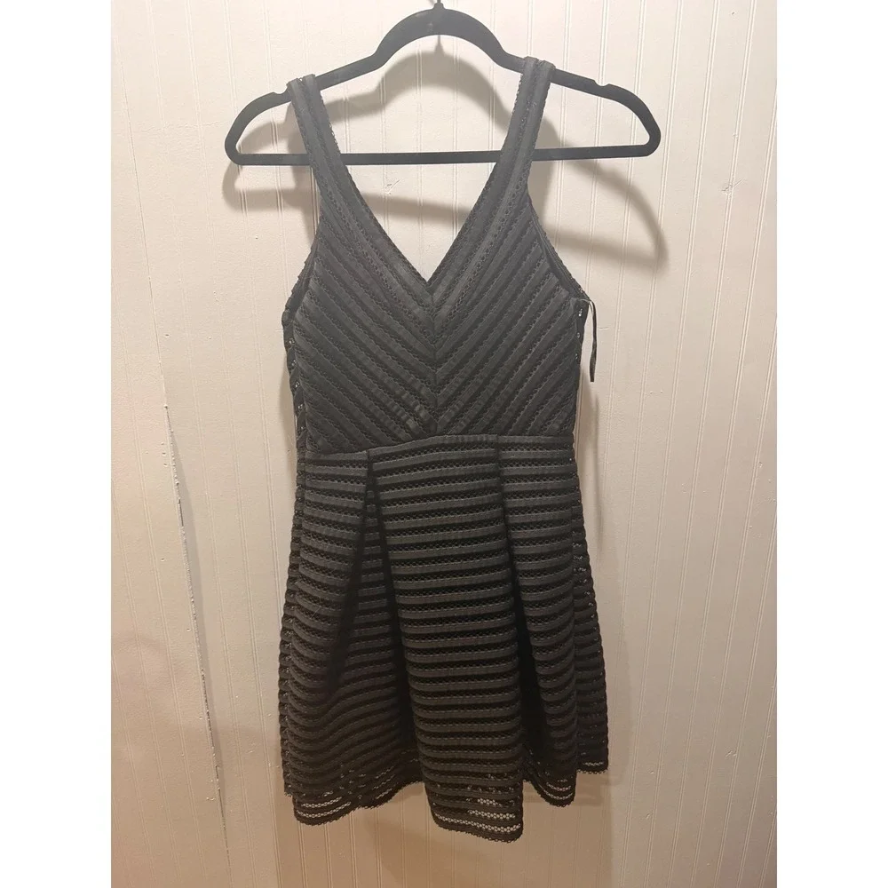 Express Black Textured Mesh Fit‎ and Flare Mini Dress Sleeveless V-Neck Party